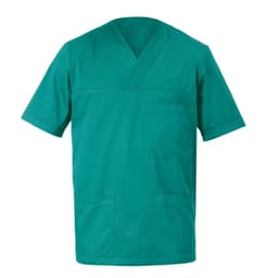 A green tunic featuring a V-neck, short sleeves, and multiple pockets. It has a logo on the fabric.