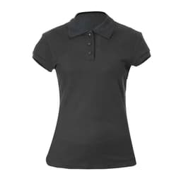 A black polo shirt with a collar and short sleeves, featuring three buttons and a fitted design.