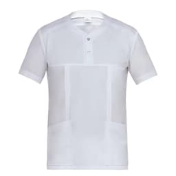 A short-sleeved, white Connor Jacket featuring a buttoned neck and two front pockets, with a logo displayed.
