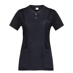 A navy tunic with short sleeves, featuring a button-fastened collar and two front pockets. It has a logo.