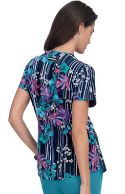 A floral print top in navy blue with pink, purple, and teal accents, featuring short sleeves and a relaxed fit.