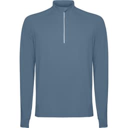 A half zip sweatshirt in a muted blue colour, featuring long sleeves and a white zip detail at the neck.