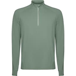 A light green half-zip sweatshirt with long sleeves and a collar, featuring a logo on the chest.