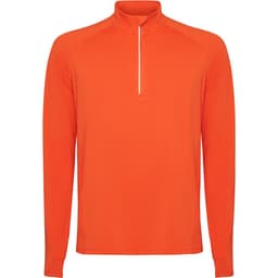 An orange half-zip sweatshirt with long sleeves and a collar, featuring a small front zip and a logo.