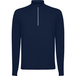 A navy half-zip sweatshirt with long sleeves, featuring a white zip detail and a branding logo.