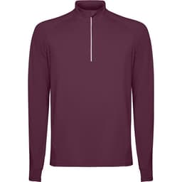 A maroon half zip sweatshirt with long sleeves and a subtle zipper detail at the neck. It features a logo.