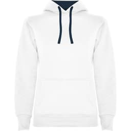 A white hooded sweatshirt with a navy blue drawstring and a front pocket. It features a logo.
