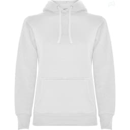 A white hooded sweatshirt with a front pocket and adjustable drawstrings. It features a logo on the design.