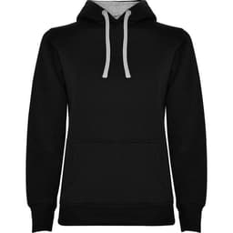 A black hooded sweatshirt with grey drawstrings and a front pocket. It features a logo on the design.