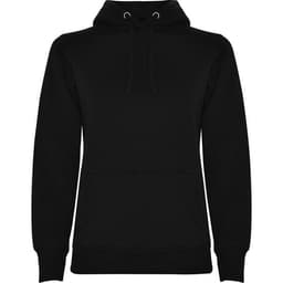 A black hooded sweatshirt featuring a front pocket and adjustable drawstrings, with a subtle logo.