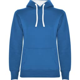 A blue women's hooded sweatshirt with a front pocket and white drawstrings. It features a logo on the front.