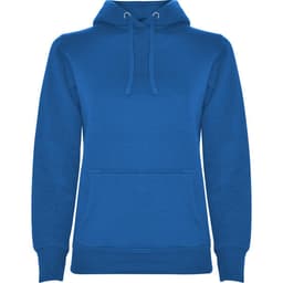 A blue hooded sweatshirt with a front pocket and drawstring hood, featuring a logo on the design.
