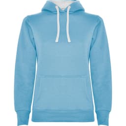 A light blue hooded sweatshirt featuring a front pocket and white drawstrings. It has a simple design with a logo.