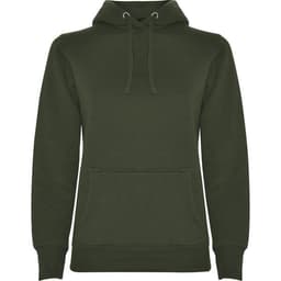 A green hooded sweatshirt featuring a front pocket and drawstring hood. It has a branding logo.