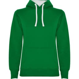 A green hooded sweatshirt with a front pocket and white drawstrings, featuring a logo.