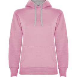 A pink hooded sweatshirt with a contrasting grey-lined hood and a front pocket. It features a logo.