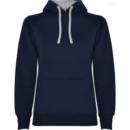 A navy hooded sweatshirt with a grey interior and drawstrings, featuring a front pocket and a logo.
