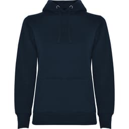 A navy hooded sweatshirt featuring a front pocket and a drawstring hood. It includes a logo on the front.