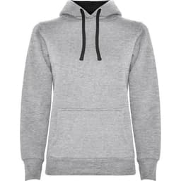 A grey hooded sweatshirt with a black drawstring and front pocket. It features a simple design and includes a logo.