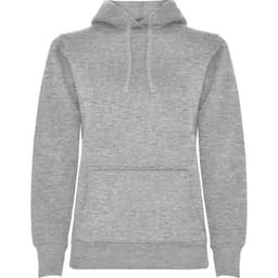 A grey hooded sweatshirt featuring a front pocket and drawstring hood, with a small logo.