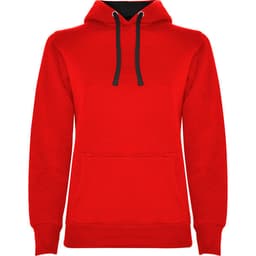 A red hooded sweatshirt featuring a black drawstring and front pocket. It has a logo on the front.