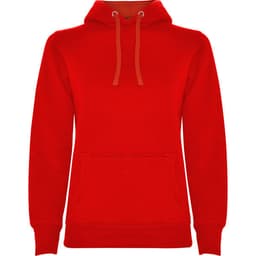 A red hooded sweatshirt featuring a kangaroo pocket and drawstring hood, with a logo on the front.