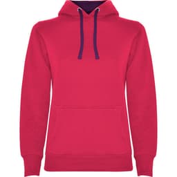 A red hooded sweatshirt with a front pocket and purple drawstrings. It features a logo on the front.