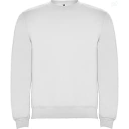 A white sweatshirt with a crew neck and long sleeves, featuring a logo on the front.