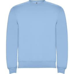 A light blue sweatshirt with long sleeves and a crew neck, featuring a logo on the front.