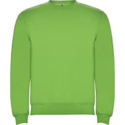 A bright green sweatshirt with a classic crew neck and long sleeves. It features a logo on the neckline.