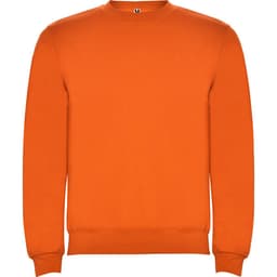An orange sweatshirt with a crew neck and long sleeves, featuring a logo on the neckline.