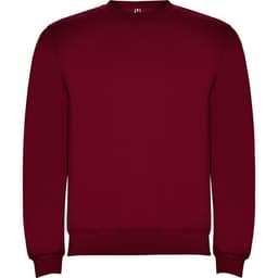 A maroon sweatshirt with a crew neck and long sleeves, featuring a logo on the front.