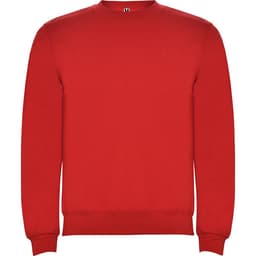 A red sweatshirt with a crew neck and long sleeves, featuring a small logo on the neckline.