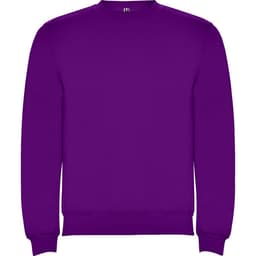 A purple sweatshirt with a crew neckline and ribbed cuffs, featuring a logo on the front.