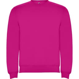 A bright pink sweatshirt featuring a crew neckline and cuffs. It has a logo on the front.