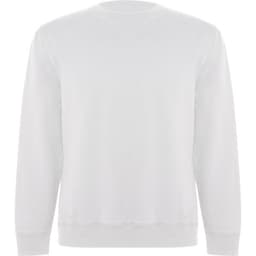 A white sweatshirt with a classic crew neck design, featuring long sleeves and a subtle branding logo.