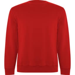 A red sweatshirt with a crew neck and long sleeves, featuring a plain design and a logo on the front.