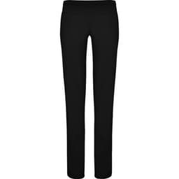 Black straight-cut leggings with an elastic waistband, featuring a logo on the label.