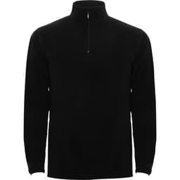 A black half-zip polar fleece sweatshirt featuring long sleeves and a collar, with a branding logo.