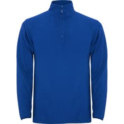 A blue polar fleece half zip sweatshirt featuring long sleeves and a zippered collar. It has a logo on it.