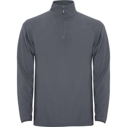 A grey polar fleece half zip sweatshirt with long sleeves and a collar. It features a subtle branding logo.