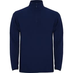 A navy blue half zip sweatshirt made from polar fleece, featuring a zippered neck and long sleeves.