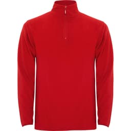 A red polar fleece sweatshirt featuring a half zip and long sleeves, with a logo on the chest.
