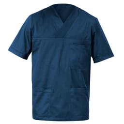 A navy blue tunic featuring short sleeves and multiple pockets, with a logo on the side.