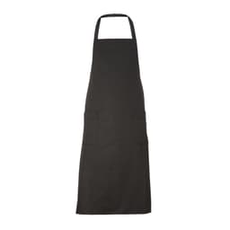 A black apron with a neck strap and two front pockets, featuring a logo or branding.