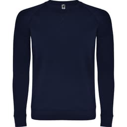 A navy sweatshirt with a ribbed crew neckline and long sleeves, featuring a logo on the inside neck.