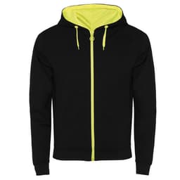 A black hooded sweatshirt with a bright yellow interior and zipper. It features drawstrings and has a logo on it.
