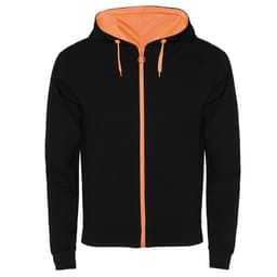 A black hooded sweatshirt with an orange inner lining and drawstrings, featuring a front zipper and a logo.