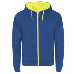 A blue hooded sweatshirt with a bright yellow interior and zip fastening, featuring a logo.