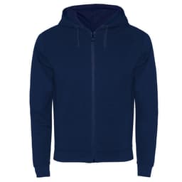 A navy hooded sweatshirt featuring a zip closure and front pockets. It has a logo on the garment.